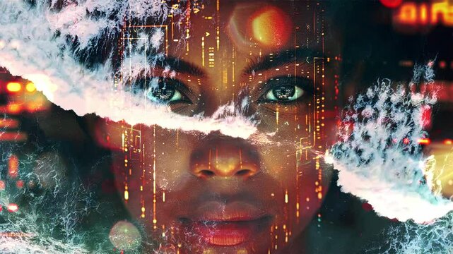 Face of a young adult black woman. Double exposure effect combining a woman's profile and ocean waves. Video footage to attract attention in banner ads. Double exposure. Generated AI.