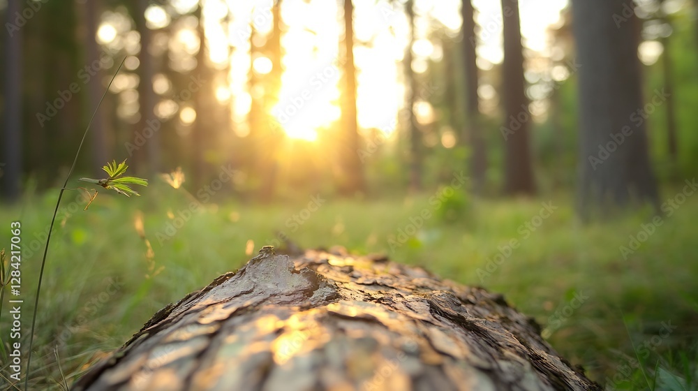 Poster Serene View of a Fallen Tree with Sunlight Filtering Through Tall Pine Trees in a Peaceful Forest : Generative AI