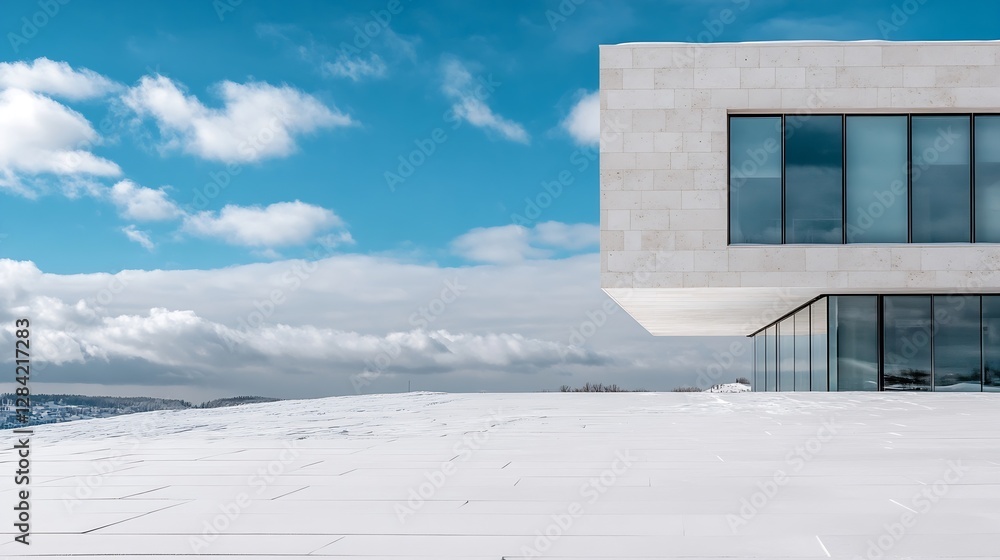 Poster stunning minimal landscape of a modern building against a snowy sky and serene backdrop : generative