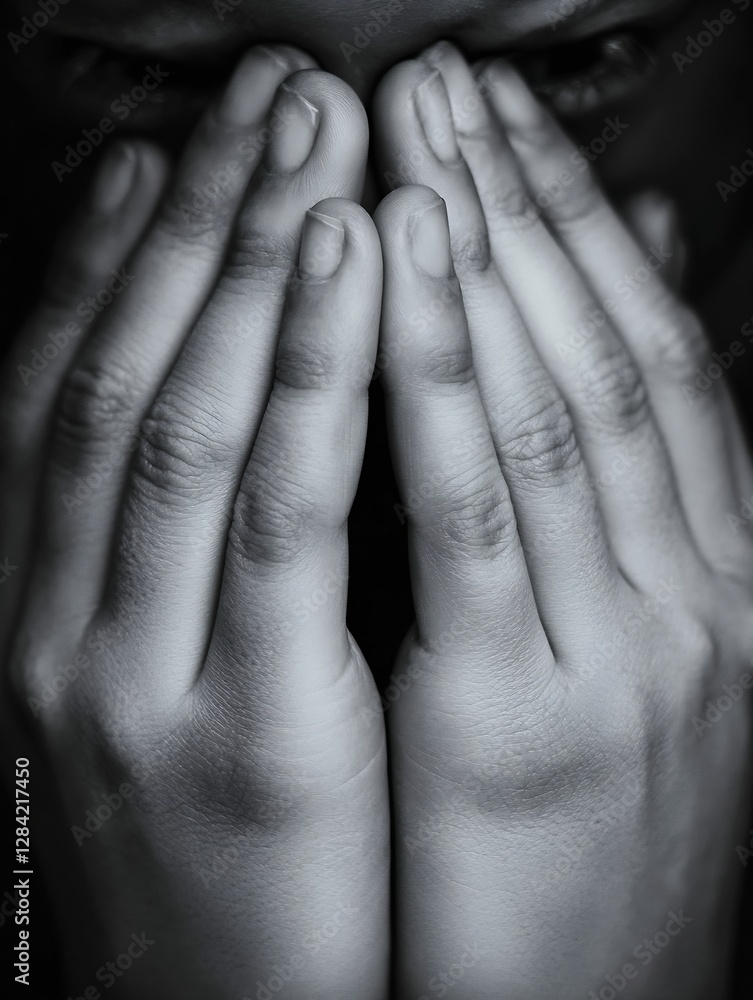 Poster closeup of hands covering face in a gesture of sadness and despair : generative ai