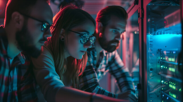 Cybersecurity themed escape room team solving encrypted puzzles in high tech environment with glowing server racks digital data protection ethical hacking and advanced information security teamwork