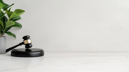 Gavel on marble desk, plant background, legal concept, website banner