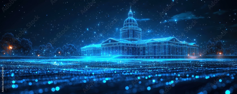 Aufkleber digital capitol building futuristic network blueprint data flow nightscape visualization technology