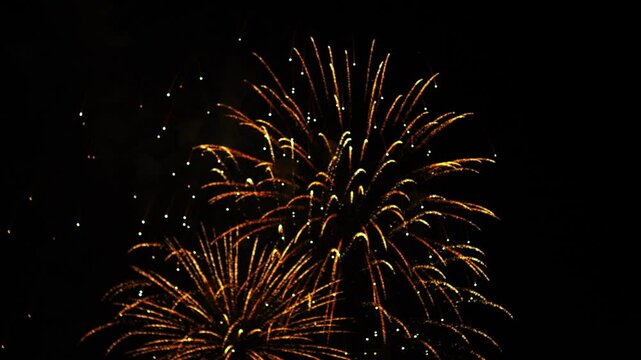 Golden silver blue sparks scattering fireworks on the black night sky. General plan