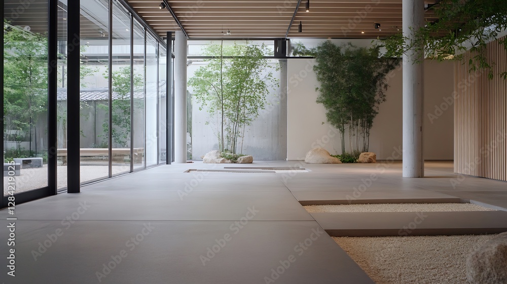 Aufkleber Modern Minimalist Interior Space Emphasizing Natural Elements and Open Design : Generative AI