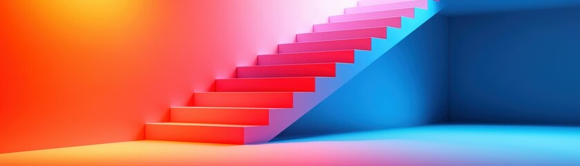 Fototapeta premium Colorful Stairs Ascent with Geometric Precision and Vivid Lighting Design in Modern Abstract Space