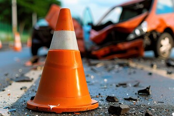 Close-up of an orange traffic cone in front of a car accident scene, showcasing debris on the road and a damaged vehicle in the background. emergency response