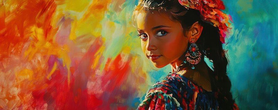 Vibrant portrait of young hispanic female in traditional colorful attire