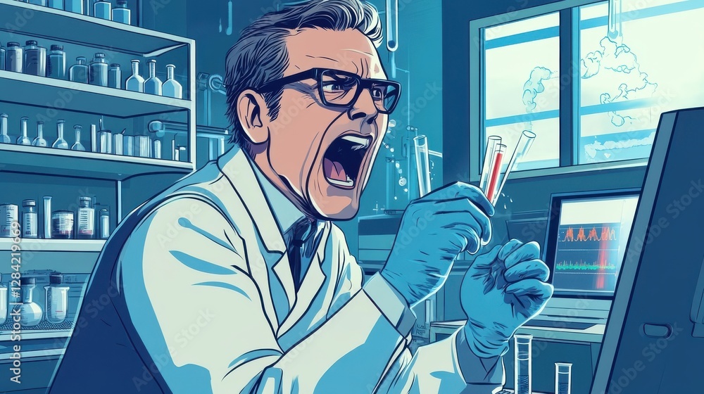 Poster an exasperated scientist examines test tubes in a lab