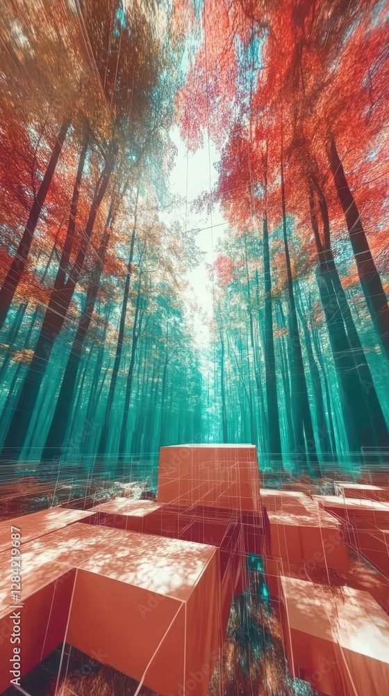 Aufkleber exploring generative reality in a vibrant and surreal forest landscape