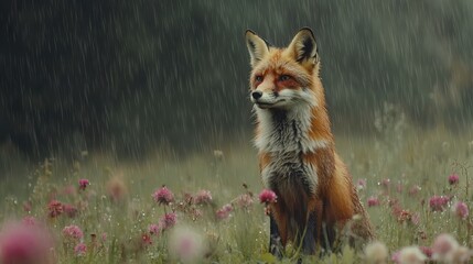 Red fox in rainy meadow among wildflowers