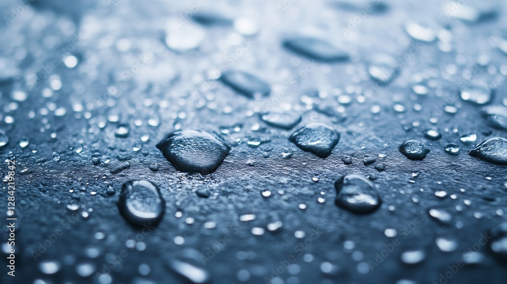 Poster Closeup of water droplets on a textured surface reflecting light in an artistic manner : Generative AI