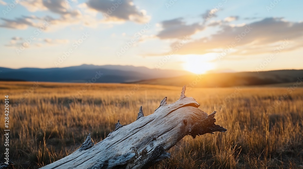 Poster golden sunlight peeking through clouds over a field with a wooden log : generative ai