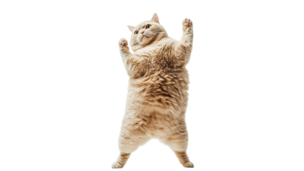 Chubby cat standing upright and looking curious