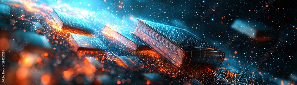 Poster books floating in a cosmic space with magical particles and sparkles reflecting light of knowledge