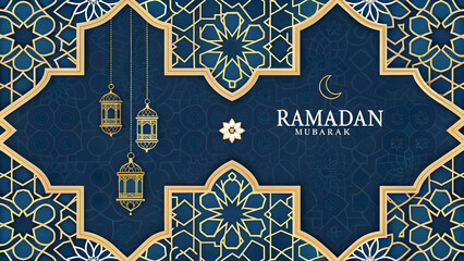 Obraz premium Elegant Ramadan Mubarak Greeting – Islamic Art with Golden Lanterns. Ramadan 2025 (Ai generated)