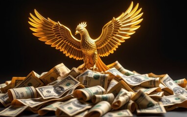  A golden phoenix statue stands amidst scattered US dollar bills symbolizing wealth, prosperity, and financial success.