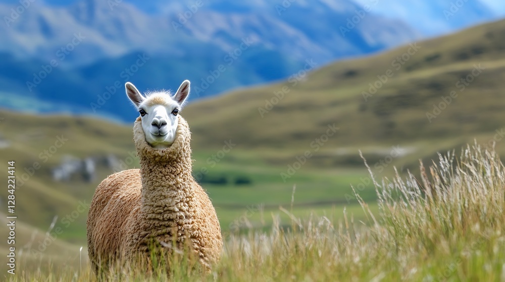 Aufkleber lively alpaca grazing in the fields surrounded by beautiful mountainous landscape : generative ai