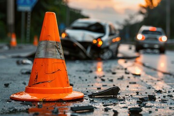 An orange traffic cone stands prominently beside a damaged car, emphasizing the aftermath of a road accident during sunset. emergency response