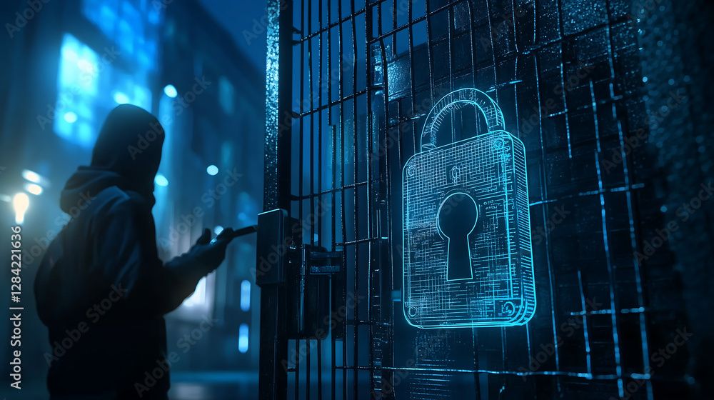Poster cybercriminal in hoodie hacking a digital lock with glowing virtual interface symbolizing cybersecur