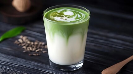 Refreshing milk tea with green tea swirl trendy  beverage photography modern aesthetic close-up view vibrant colors and textures