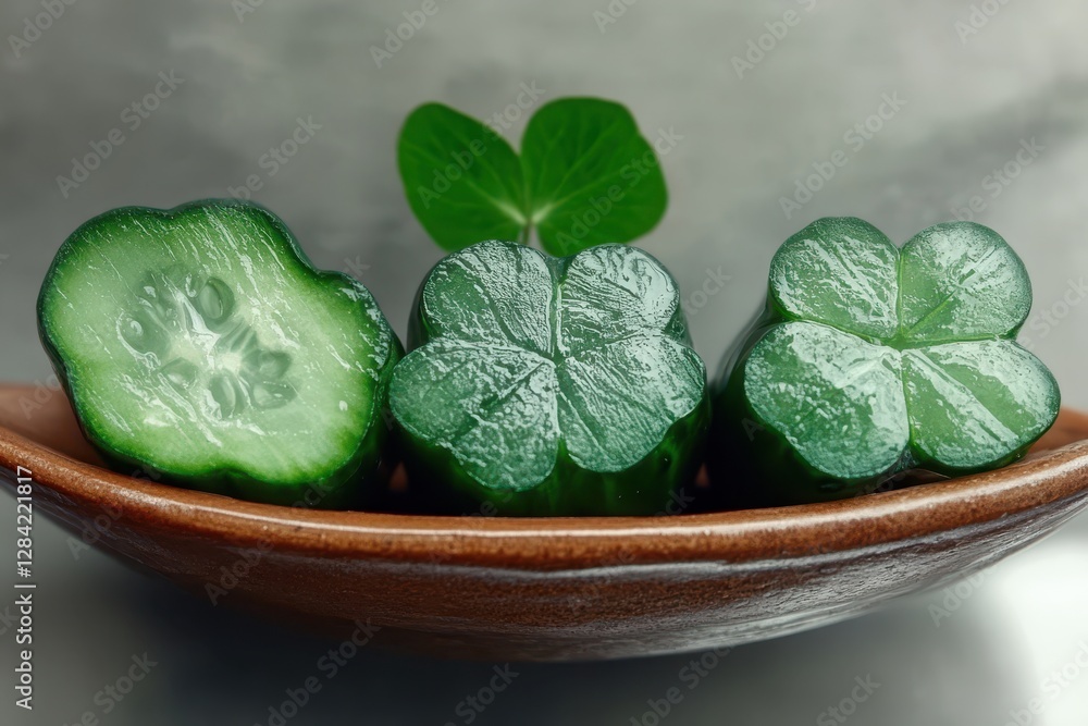 Poster Fresh Cucumber Slices Arranged Beautifully to Resemble a Clover Leaf in a Minimalistic Display