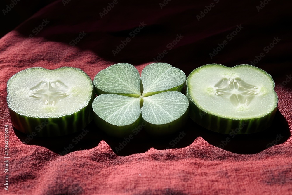 Poster fresh cucumber slices arranged in a clover leaf shape showcasing minimalism and natures beauty
