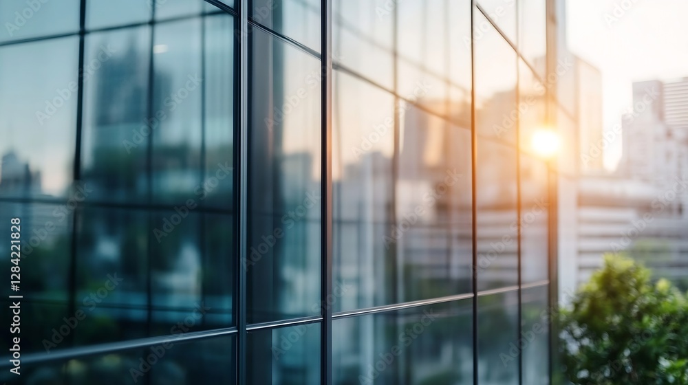 Aufkleber modern glass building with reflective windows and setting sun creating stunning visuals : generative