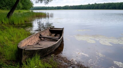 Obraz premium Rustic old wooden boat resting at the edge of a serene lake surrounded by lush greenery : Generative AI