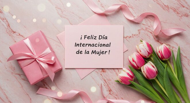 ¡Feliz Día Internacional de la Mujer! Tarjeta de felicitación con regalo y tulipanes sobre fondo de mármol rosa, vista superior - Powered by Adobe