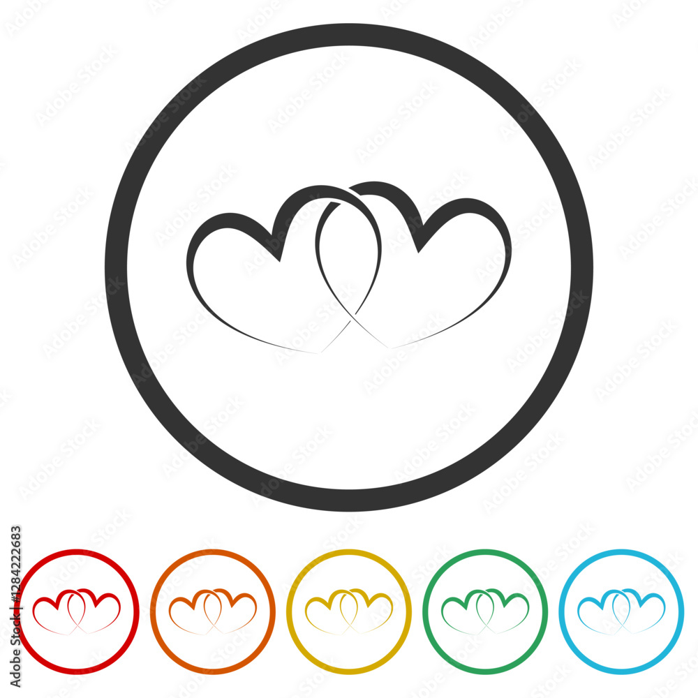 Poster two red linked hearts icon. set icons in color circle buttons