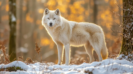 Obraz premium A white arctic wolf standing in the snow in a winter forest, the sun is shining on the fur.