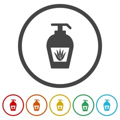 Bath and body soap with aloe icon. Set icons in color circle buttons