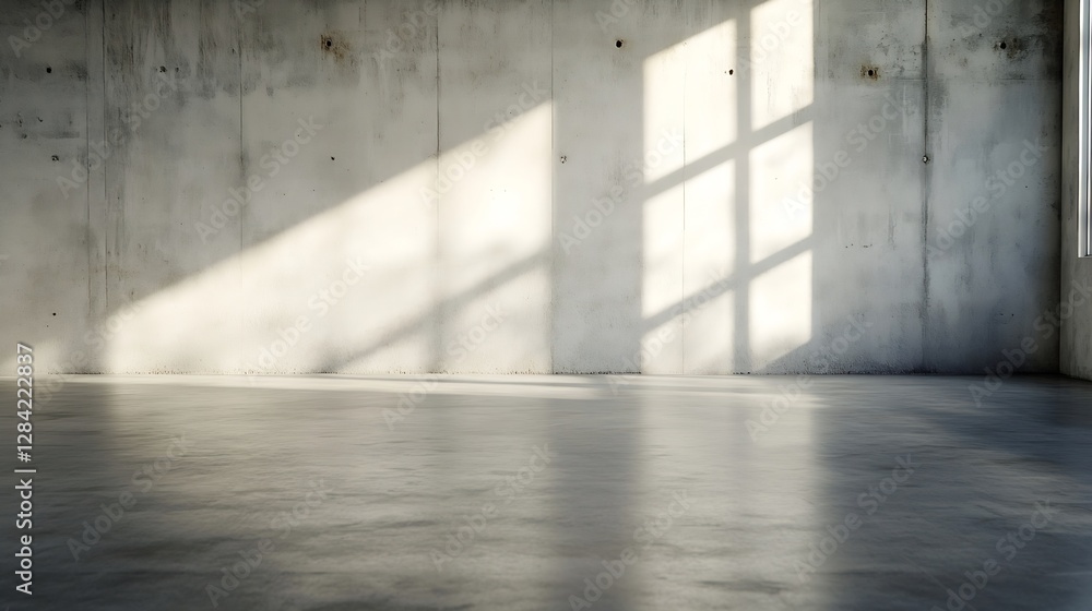 Poster Minimalist concrete interior space illuminated by natural light creating striking patterns and shadows : Generative AI