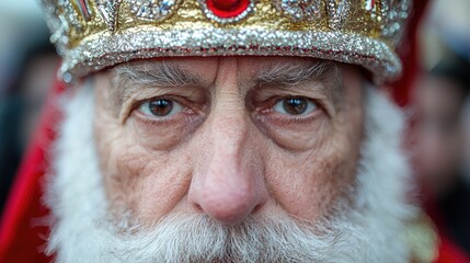 Elderly patriarch, religious crown, close-up portrait, crowd background, faith imagery