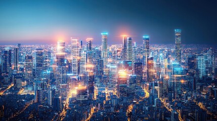 Vibrant Aerial View of Modern Cityscape with Blue Lights at Nighttime