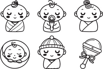 Newborn baby line art vector icons set. Infant baby icon outline. Editable stroke flat black line, isolated on a white background.