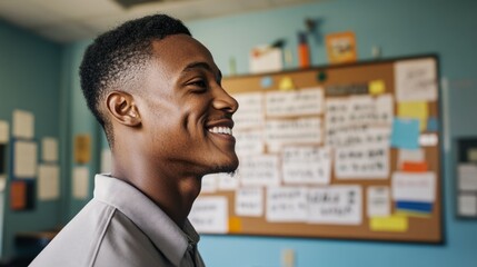 "A young adult man standing confidently in a board room with a wide smile, wearing a uniform shirt."