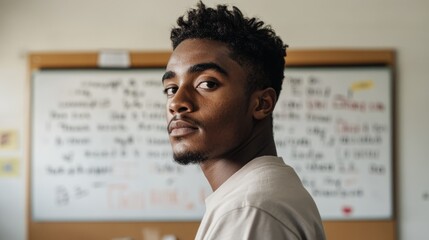 Man in photo standing in front of chalkboard.