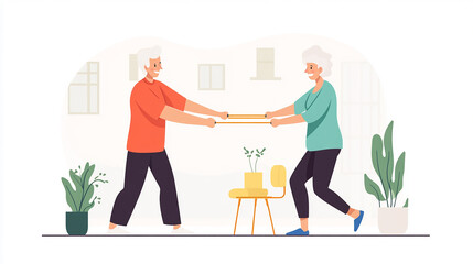 Fototapeta premium A professional therapist guiding a senior citizen through resistance band stretching exercises, improving flexibility and promoting an active lifestyle.