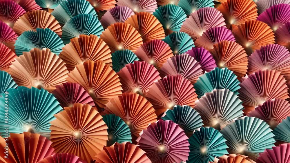 Poster A close up of a colorful array of flower shaped objects. The objects are in various colors and sizes