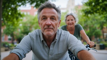 Obraz premium Man and woman riding bicycles together.