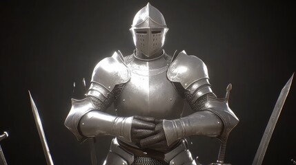 Full Suit of Silver Knight Armor with Helmet and Sword on Black Background