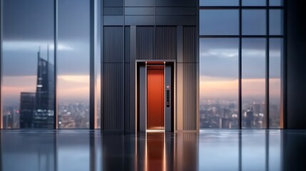 Naklejka premium Modern elevator in a high-rise building with a panoramic city view at sunset