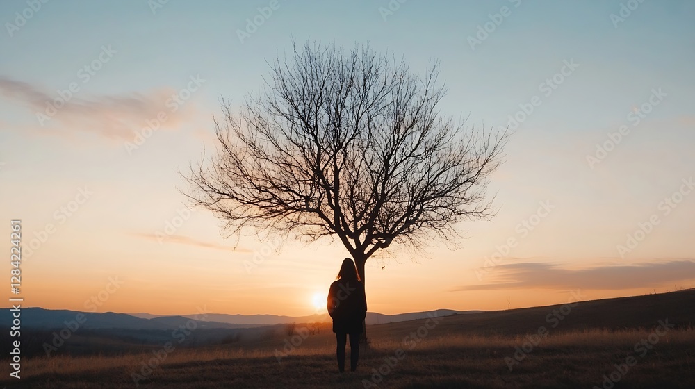 Poster silhouette of a person standing under a tree at sunset with a beautiful orange sky : generative ai