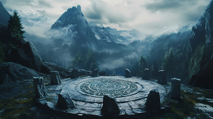 A mystical circle of ancient rune-inscribed stones, set against a backdrop of rugged mountains and dense forest, symbols of lost magical power. Mystic Occult Ritual Circle. Illustration