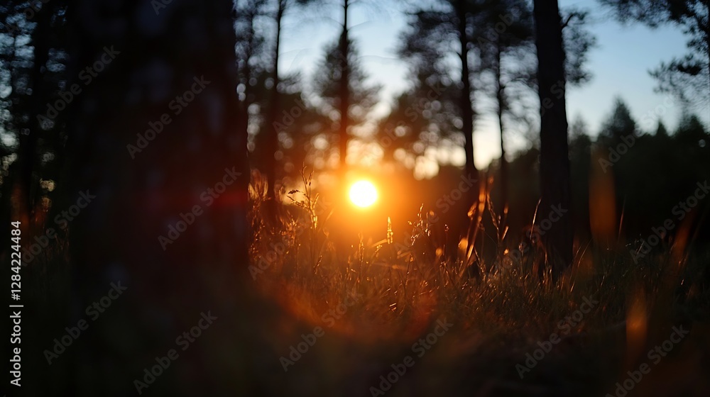 Poster golden sunrise glowing through trees in a peaceful forest setting with lush green grass : generative