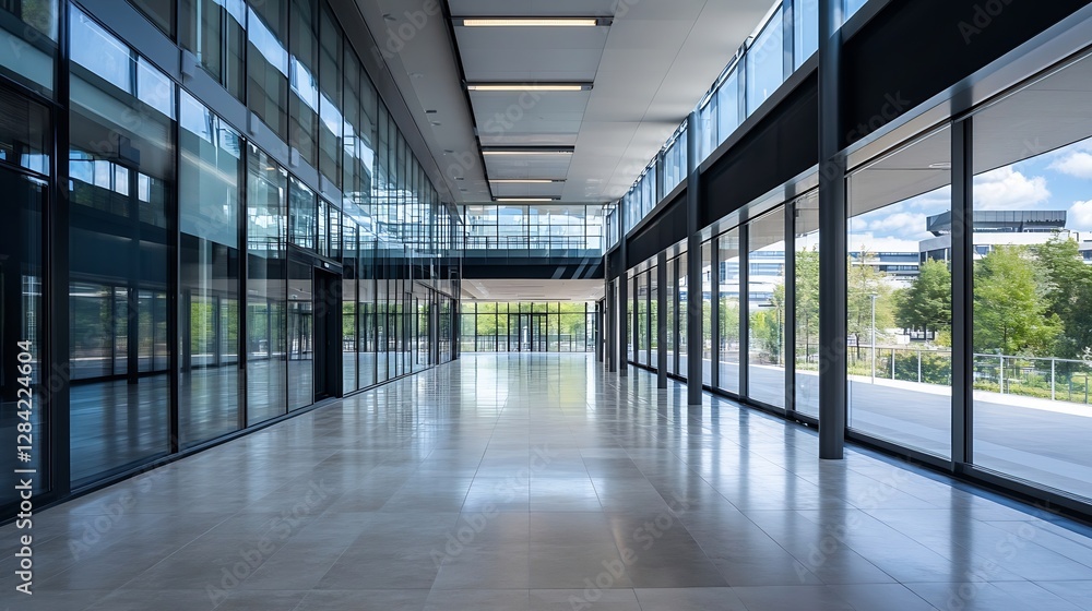 Poster spacious and bright modern hallway with wide glass windows and a clear view of nature outside : gene