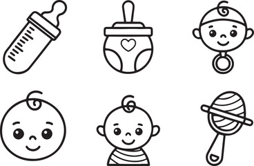 Baby infant editable stroke line art vector icons set. Baby care elements outline illustration. Isolated on a white background.