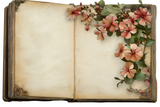 open vintage book with floral decorations on aged pages isolated png transparent background